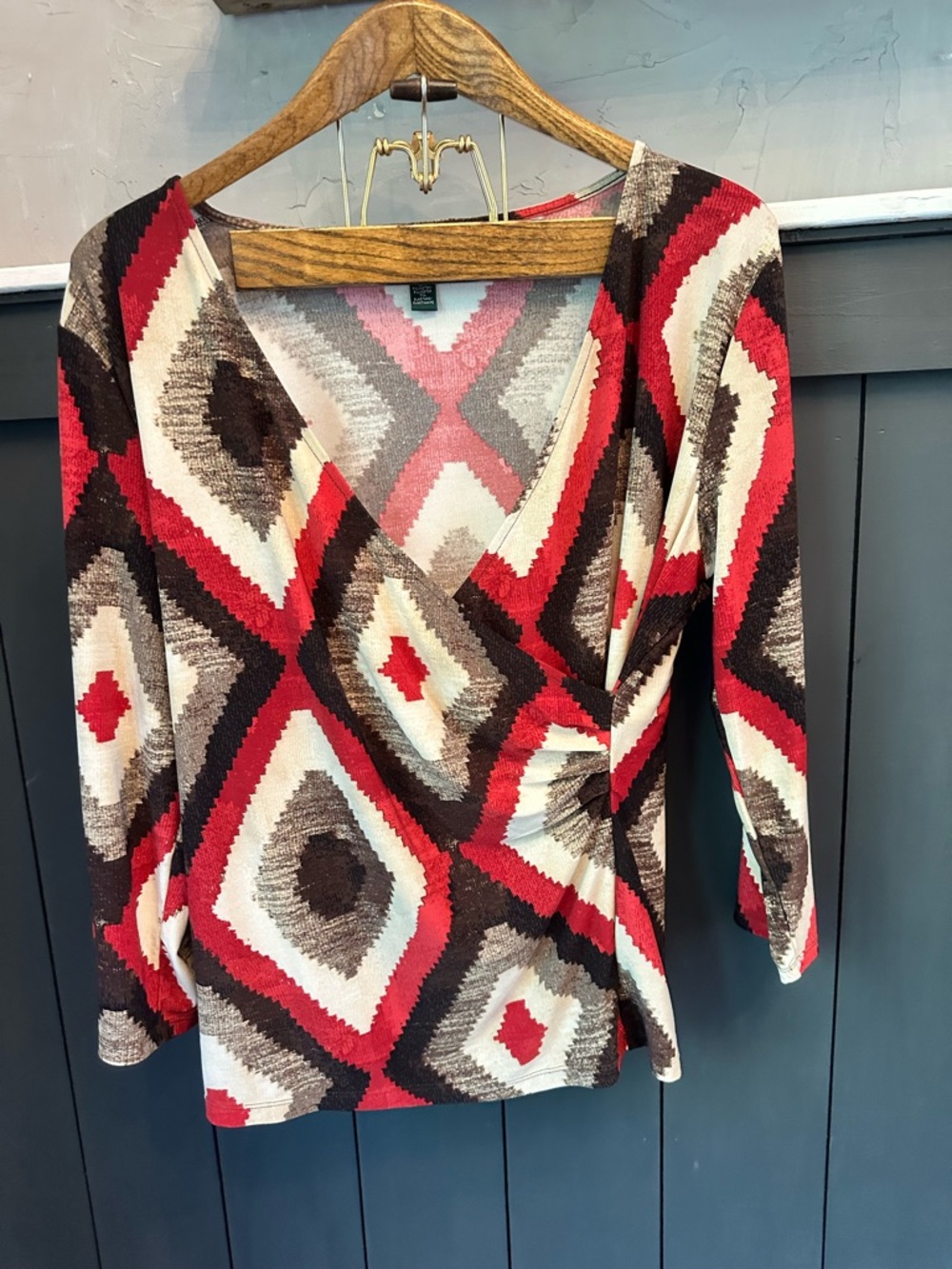 Lauren Ralph Lauren Faux Wrap Top Red Cream Brown Pattern 3/4 Sleeve XL